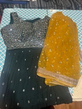 Embellished Bottle green Indian Lengha  with Mustard Dupatta